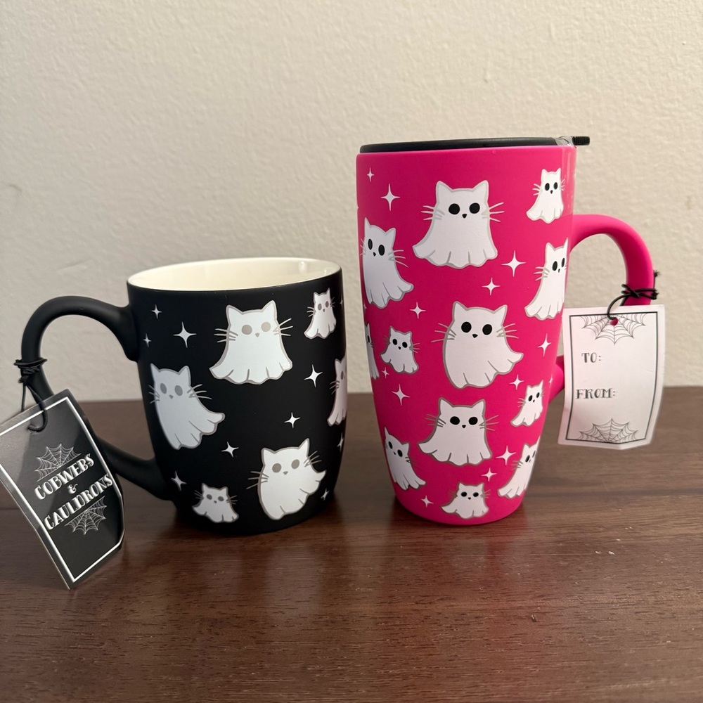 Ghost Cat Mugs - Black and Pink Set